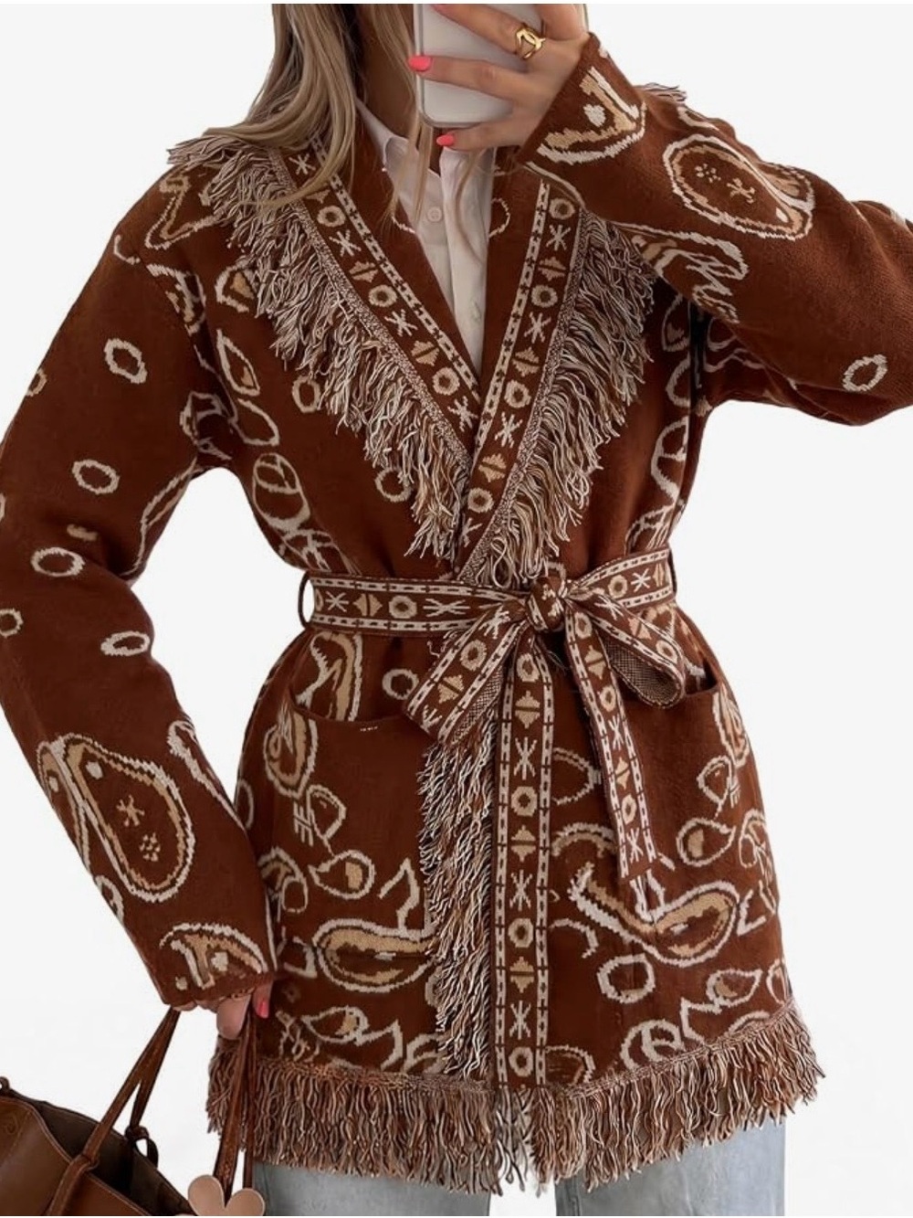 Amazon Women’s Fringe Cardigan Long Sleeve Sweater with Belt, Brown, Size S